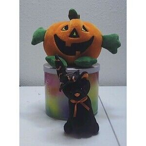 Pair of Ty Halloween Beanies - Tricks the Pumpkin and Scurry the Cat 4-4.5"